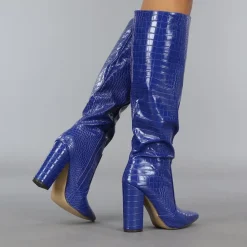 Donkerblauwe Croco Laars met Spitse Neus