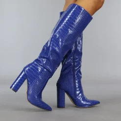 Donkerblauwe Croco Laars met Spitse Neus