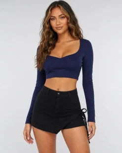 Donkerblauwe Crop Top met Lange Mouwen en Push Up Pads