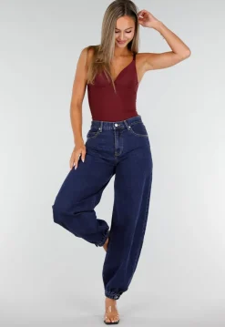 Donkerblauwe Denim Barrel Jeans met Wijde Pijpen en Elastische Enkelboorden