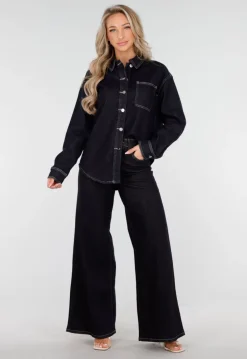 Donkerblauwe Denim Blouse met Lange Mouwen en Knopen