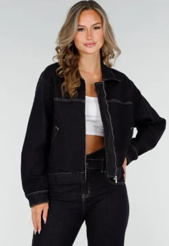 Donkerblauwe Denim Jas met Rits, Kraag en Elastische Zoom