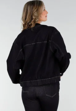 Donkerblauwe Denim Jas met Rits, Kraag en Elastische Zoom