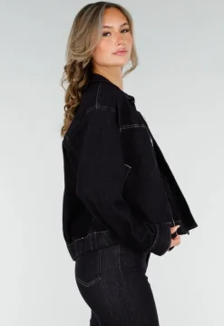 Donkerblauwe Denim Jas met Rits, Kraag en Elastische Zoom