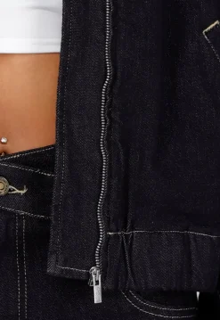 Donkerblauwe Denim Jas met Rits, Kraag en Elastische Zoom