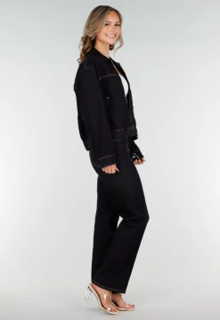 Donkerblauwe Denim Jas met Rits, Kraag en Elastische Zoom