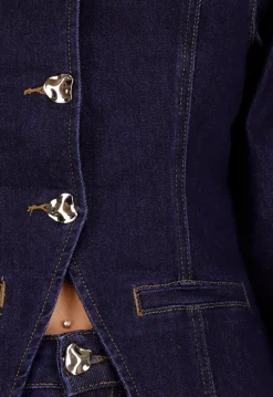 Donkerblauwe Denim Peplum Blazer met Goudkleurige Knopen