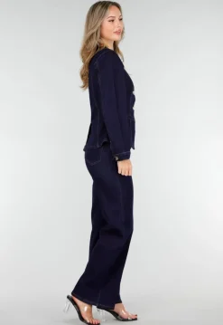 Donkerblauwe Denim Peplum Blazer met Goudkleurige Knopen
