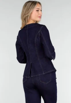 Donkerblauwe Denim Peplum Blazer met Goudkleurige Knopen