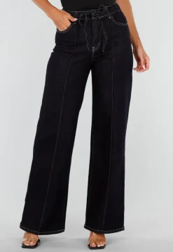 Donkerblauwe Denim Stretch Jeans met Straight Leg en Taillekoord