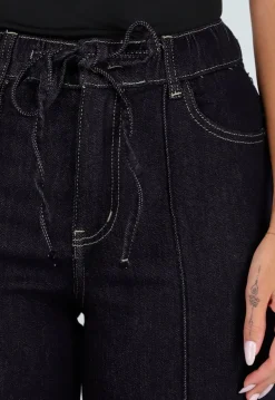 Donkerblauwe Denim Stretch Jeans met Straight Leg en Taillekoord
