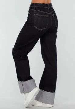 Donkerblauwe Denim Stretch Jeans met Straight Leg en Brede Omslag