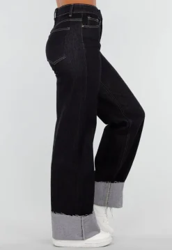 Donkerblauwe Denim Stretch Jeans met Straight Leg en Brede Omslag