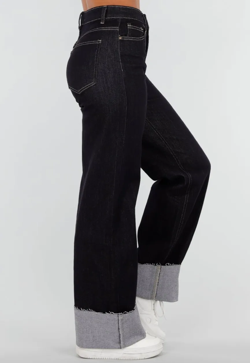 Donkerblauwe Denim Stretch Jeans met Straight Leg en Brede Omslag