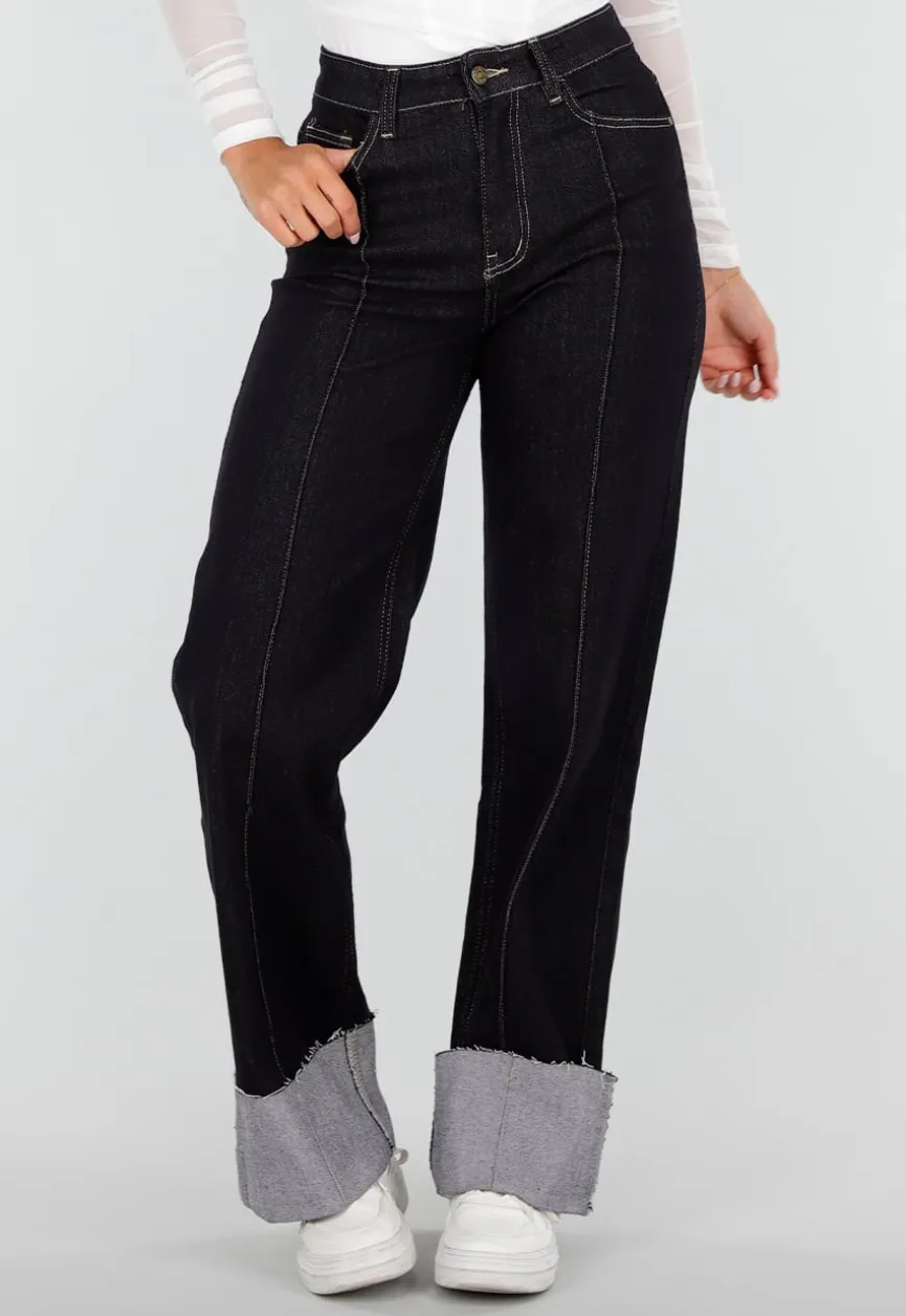 Donkerblauwe Denim Stretch Jeans met Straight Leg en Brede Omslag