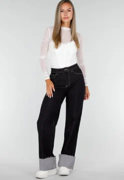 Donkerblauwe Denim Stretch Jeans met Straight Leg en Brede Omslag