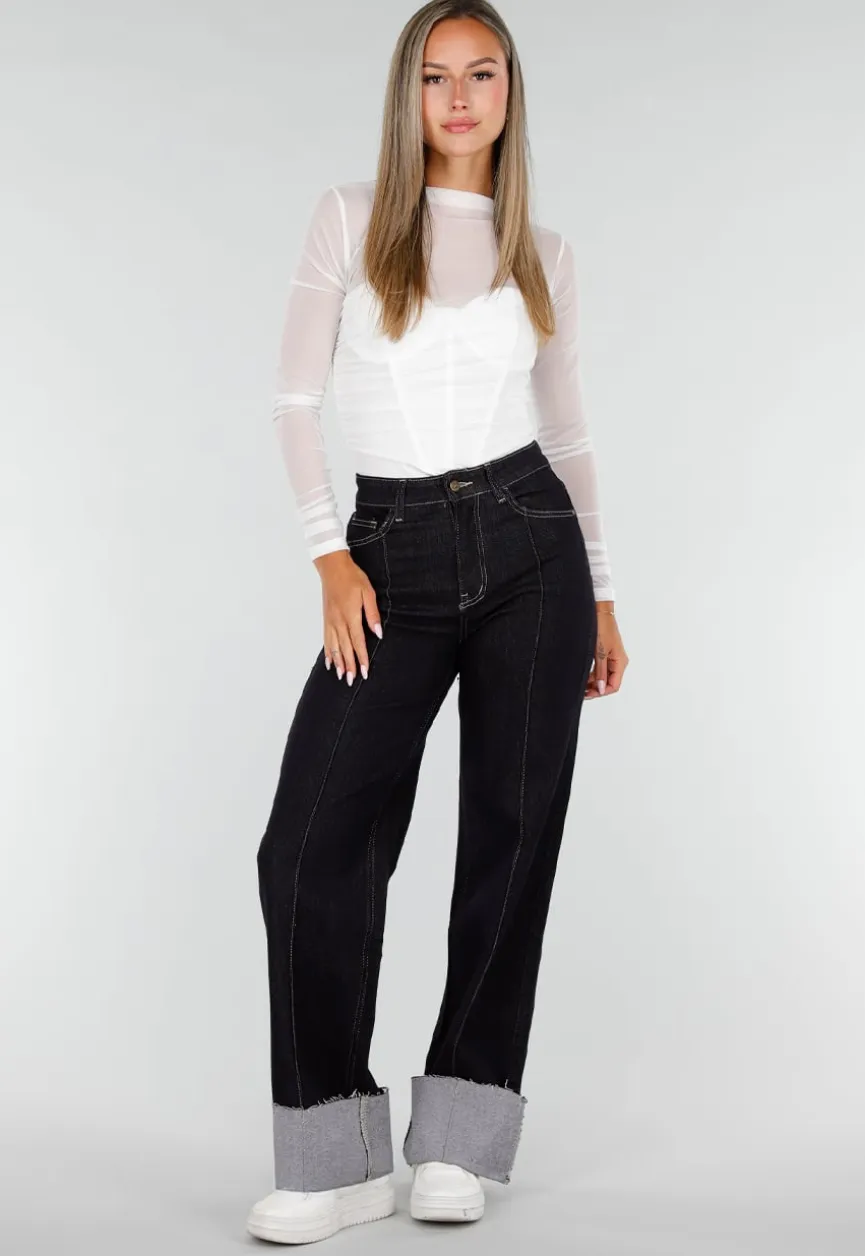 Donkerblauwe Denim Stretch Jeans met Straight Leg en Brede Omslag