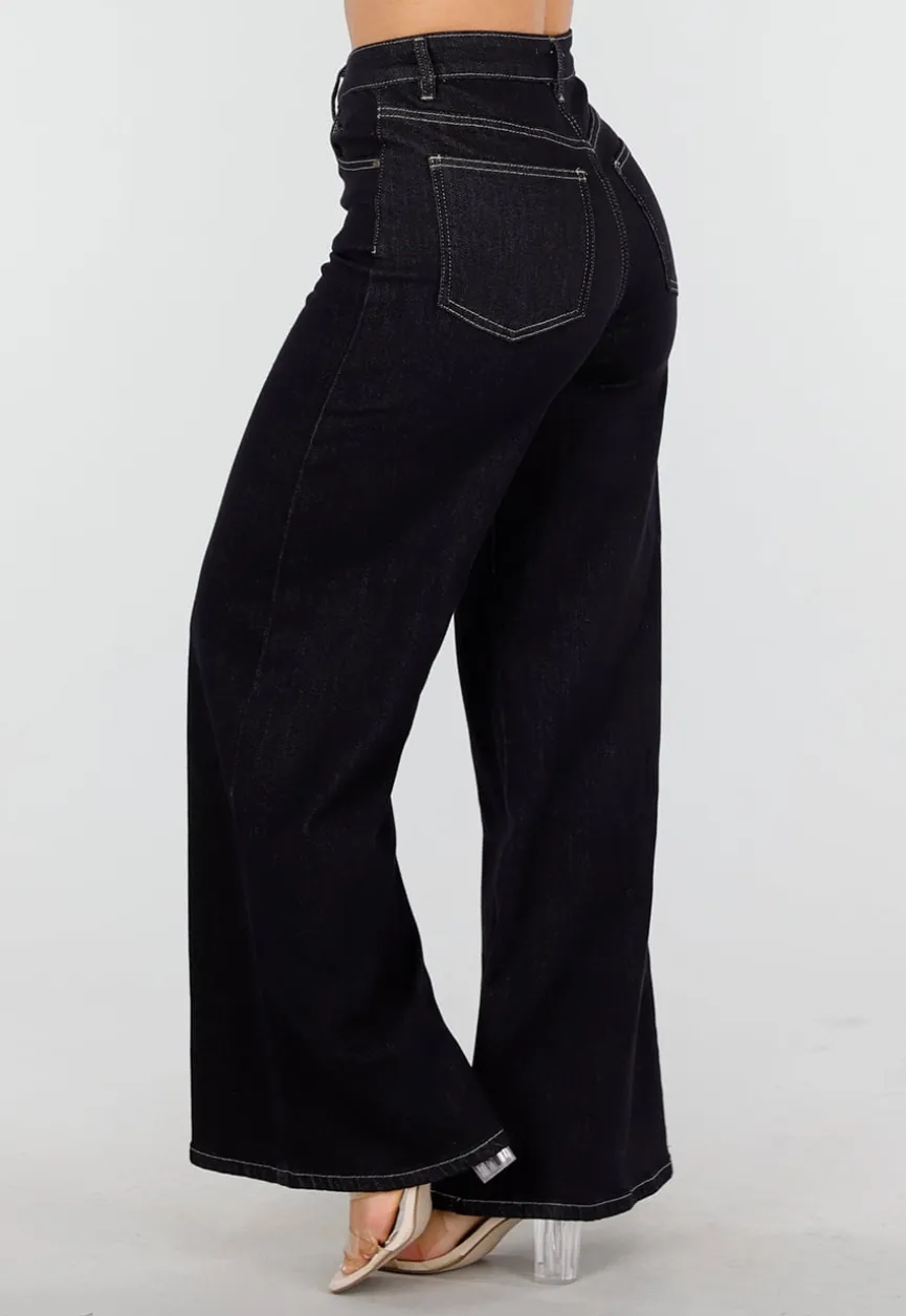 Donkerblauwe Flared Jeans met High Waist en Contrasterende Stiksels