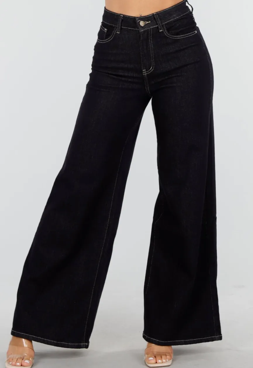 Donkerblauwe Flared Jeans met High Waist en Contrasterende Stiksels