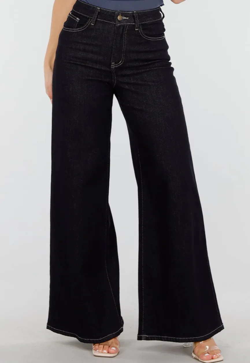 Donkerblauwe Flared Jeans met High Waist en Contrasterende Stiksels
