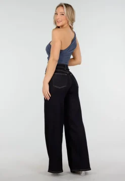 Donkerblauwe Flared Jeans met High Waist en Contrasterende Stiksels