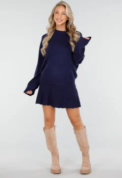 Donkerblauwe Gebreide 2-Piece Set met Trui en Rok