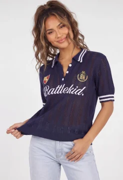 Donkerblauwe Gebreide Polo Top met Korte Mouwen en Opengewerkte Details