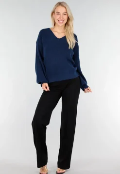 Donkerblauwe Gebreide Trui met Open Rug en Satijnen Strikdetail