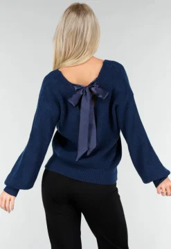 Donkerblauwe Gebreide Trui met Open Rug en Satijnen Strikdetail