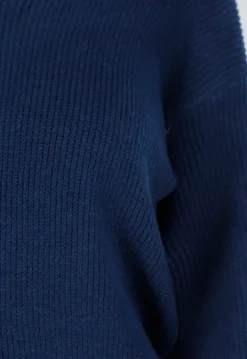 Donkerblauwe Gebreide Trui met Open Rug en Satijnen Strikdetail