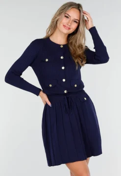 Donkerblauwe Geribde Stretch Two Piece met Goudkleurige Knopen en Plooirok