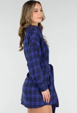 Donkerblauwe Geruite Blouse Jurk met Strikmouwen