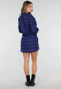 Donkerblauwe Geruite Blouse Jurk met Strikmouwen