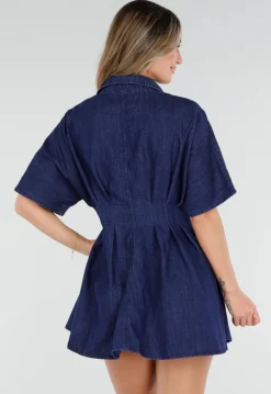 Donkerblauwe Getailleerde Denim Blouse Jurk met Korte Mouwen