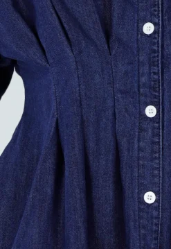 Donkerblauwe Getailleerde Denim Blouse Jurk met Korte Mouwen