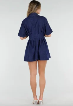 Donkerblauwe Getailleerde Denim Blouse Jurk met Korte Mouwen