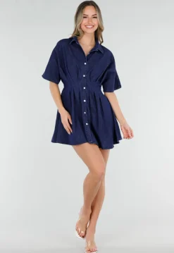 Donkerblauwe Getailleerde Denim Blouse Jurk met Korte Mouwen
