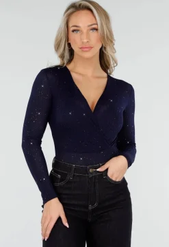 Donkerblauwe Glitter Bodysuit met Lange Mouwen en Diepe V-Hals