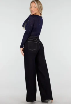 Donkerblauwe Glitter Bodysuit met Lange Mouwen en Diepe V-Hals