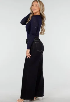 Donkerblauwe Glitter Bodysuit met Lange Mouwen en Diepe V-Hals