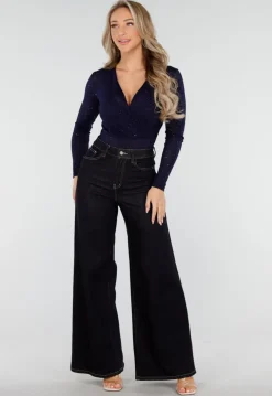 Donkerblauwe Glitter Bodysuit met Lange Mouwen en Diepe V-Hals