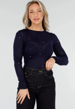Donkerblauwe Glittertop met Lange Mouwen en Ronde Hals