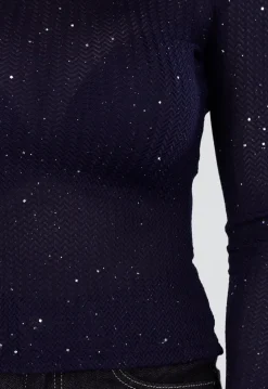 Donkerblauwe Glittertop met Lange Mouwen en Ronde Hals