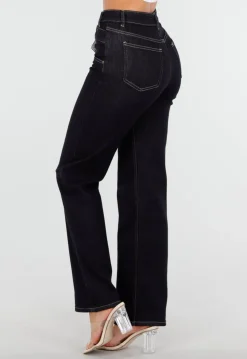 Donkerblauwe High Waist Overslag Wide Leg Jeans met Rechte Pijpen