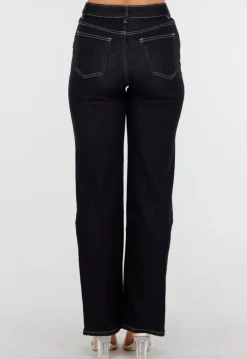 Donkerblauwe High Waist Overslag Wide Leg Jeans met Rechte Pijpen