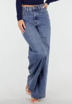Donkerblauwe High Waist Wide Leg Jeans met Losse Pijpen