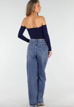 Donkerblauwe High Waist Wide Leg Jeans met Losse Pijpen