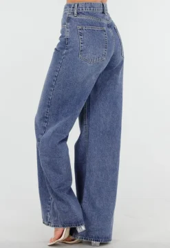 Donkerblauwe High Waist Wide Leg Jeans met Losse Pijpen