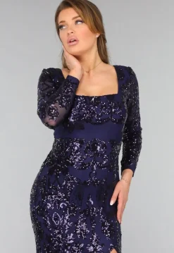 Donkerblauwe Jurk met Pailletten Ornamenten