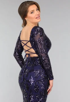 Donkerblauwe Jurk met Pailletten Ornamenten
